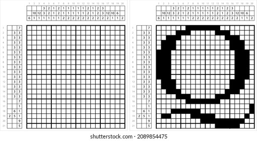 Alphabet Q Nonogram Pixel Art, Character Q, Language Letter Graphemes Symbol Vector Art Illustration, Logic Puzzle Game Griddlers, Pic-A-Pix, Picture Paint By Numbers, Picross