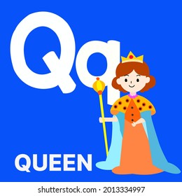 Alphabet Q, Q für Queen. Vektorgrafik von Bildalphabet-Karte Cartoon-Charakter für Kinder.