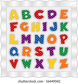 Alphabet Quilt, old fashioned vintage baby blanket design pattern in bright letters, polka dots, checks and gingham with white satin ribbon edging. 