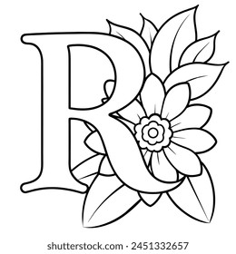 Alphabet R coloring page with the flower, R letter digital outline floral coloring page, ABC coloring page