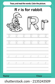 Alphabet r exercise with cartoon vocabulary for coloring book illustration, vector