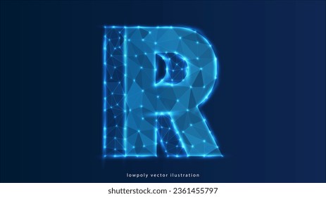 alphabet R Letter R low poly design, alphabet abstract geometric image, font wireframe mesh polygonal vector illustration made from points and lines on dark blue background	