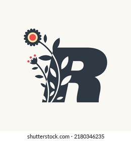 Diseño del logotipo de Alphabet R ilustración vectorial de plantilla con flores