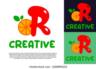 alphabet R logo and fresh citrus fruit in modern style.