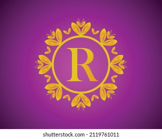 Alphabet R luxury logo design with gold color gradation and gold leaf circle suitable for bathing, hotel, beauty and grooming. against a violet VelVet background.