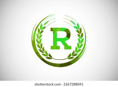 Alphabet R sign with a wheat wreath. Polygonal low poly organic wheat farming logo concept. Agriculture logo design vector template.