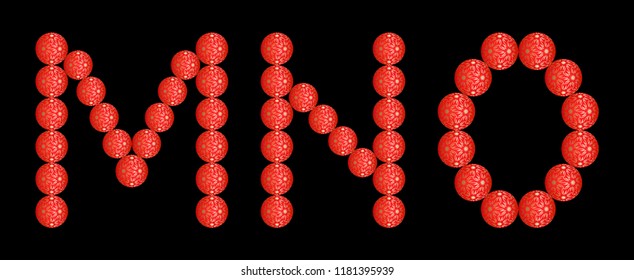 Alphabet from red christmas balls. MNO