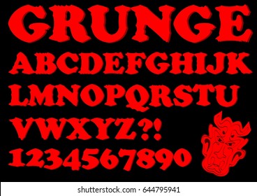 Alphabet in red grunge style, devil designed uppercase letters, numbers, question and exclamation mark, devil head included