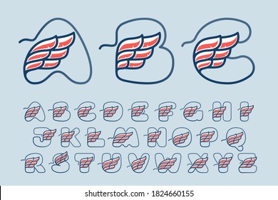 Alfabeto con ala roja dentro. Plantilla para el logotipo deportivo, etiqueta de campeón, emblema de hockey, signo de tatuaje, sello heráldico. Ilustración vectorial.