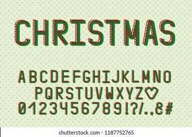 Alphabet retro design. Christmas color style. English letters, numbers, punctuation marks. Monospaced font vector typography. EPS 10