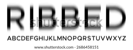 Alphabet with ribbed glass effect. Geometric typography set with bold capital letters distorted by horizontal ribbing. Creative sans serif font with distortion through glass. Vector illustration