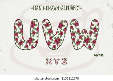 Alphabet romantic vintage design. English letters. Red roses Shabby chic style. Font vector typography. Hand drawn. EPS10