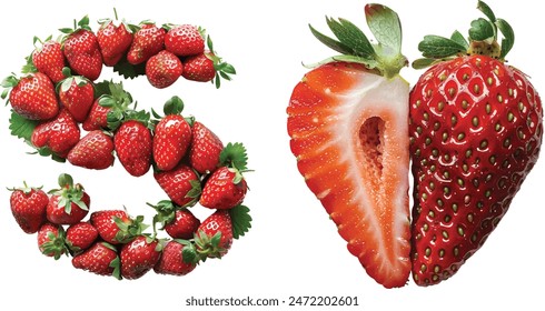 alphabet "S" by fresh strawberry on white background. 