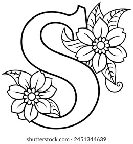Alphabet S coloring page with the flower, S letter digital outline floral coloring page, ABC coloring page 