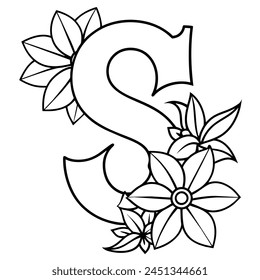 Alphabet S coloring page with the flower, S letter digital outline floral coloring page, ABC coloring page 
