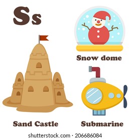 Alphabet S letter.Sand Castle,Snow Dome,Submarine