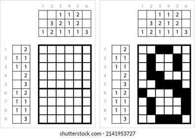 Alphabet S Lowercase Nonogram Pixel Art, Character S, Language Letter Graphemes Symbol Vector Art Illustration, Logic Puzzle Game Griddlers, Pic-A-Pix, Picture Paint By Numbers, Picross