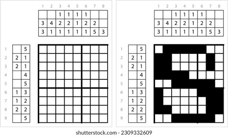 Alphabet s Lowercase Nonogram Pixel Art, Character s, Language Letter Graphemes Symbol Vector Art Illustration, Logic Puzzle Game Griddlers, Pic-A-Pix, Picture Paint By Numbers, Picross