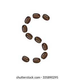 Alphabet "S" made of roasted coffee bean, isolated  