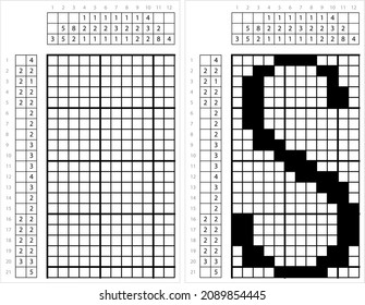 Alphabet S Arte De Píxel No Gráfica, Carácter S, Letra Lingüística Símbolo Ilustración De Arte Vector, Gridddlers De Juego De Rompecabezas Lógico, Pic-A-Pix, Pintura De Imagen Por Números, Picross