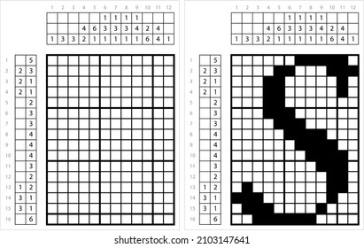 Alphabet S Nonogram Pixel Art, Character S, Language Letter Graphemes Symbol Vector Art Illustration, Logic Puzzle Game Griddlers, Pic-A-Pix, Picture Paint By Numbers, Picross