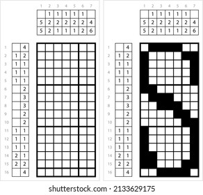 Alphabet S Nonogram Pixel Art, Character S, Language Letter Graphemes Symbol Vector Art Illustration, Logic Puzzle Game Griddlers, Pic-A-Pix, Picture Paint By Numbers, Picross
