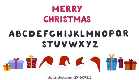 Alphabet, Sans Serif Font. Capital Letters. Christmas, New Year Lettering. Different Size And Colors Of Gift Boxes. Red Santa Claus Hats.