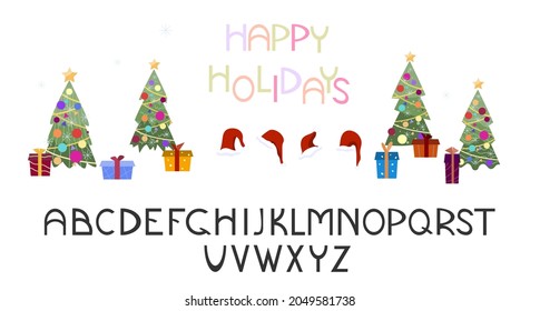 Alphabet, Sans Serif Font. Capital Letters. Christmas, New Year Lettering. Christmas Tree, Santa Hats And Gifts.