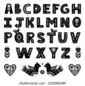Alphabet in scandinavian style. Black and white. Vector illustration