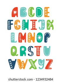 Alphabet in scandinavian style. Funny cartoon letters. Vector hand drawn elements for print, poster, tshirt, playroom, nursery, apparel decoration, greeting card. Nordic typographic design.