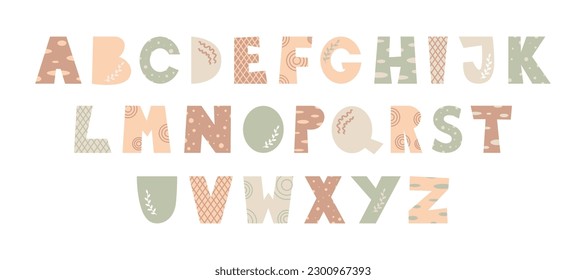 Alphabet in Scandinavian Style in Pastel Colors. Cartoon Vector Illustration. Boho Style Lettering. Font for Nursery, Education and Posters.