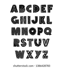 Alphabet in scandinavian vector style. Hand drawn graphic doodle ABC fonts. Good for poster, card, clothes, brochure, scrap booking, banner design. 