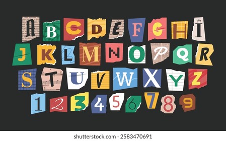 Alphabet scrapbook collection. Ransom note letters. Magazine font element paper cut.