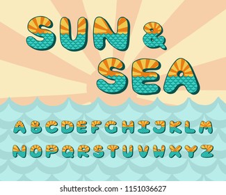 Alphabet sea horizon, vintage design. Sun rays, and sea waves aquamarine color, retro style. Font vector typography. Hand drawn. EPS10