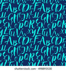 Alphabet seamless background blue colorful art brush lettering letter collection drawing stroke set.
