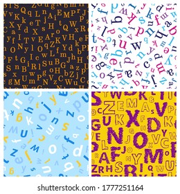 Alphabet seamless background. Set of four endless vector pattern with letters. Vector illustration