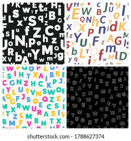 Alphabet seamless background. Set of four endless vector pattern with letters. Vector illustration