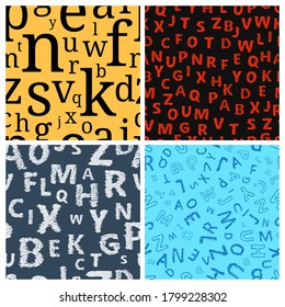 Alphabet seamless background. Set of four endless vector pattern with letters. Vector illustration