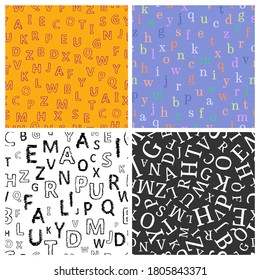 Alphabet, nahtloser Hintergrund. Satz von vier endlosen Vektormustern mit Buchstaben. Vektorgrafik