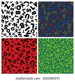 Alphabet seamless background. Set of four endless vector pattern with letters. Vector illustration