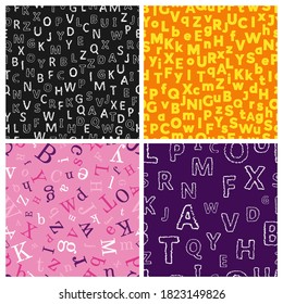 Alphabet seamless background. Set of four endless vector pattern with letters. Vector illustration