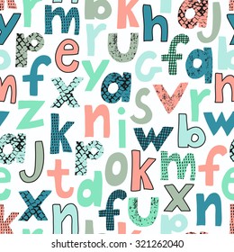 Alphabet seamless pattern for kid design. Bright,funny letters on white background. Vector illustration.