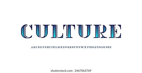 Alfabeto serif fuente decorativa rayada, letras perfectas para logotipos, diseño y etiqueta alcohol, letras mayúsculas de A - Z y números de 0 - 9, Ilustración vectorial 10EPS