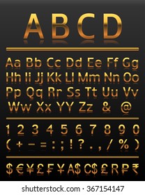 Alphabet set 2 gold all letters. Alphabet, numbers, and symbols in gold style on a dark background.