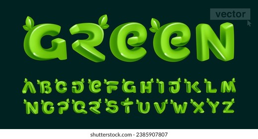 Alphabet set in 3D render cartoon cubic style with green leaves. Eco-friendly vector illustration. Impossible isometric shapes. Perfect for nature banner, healthy food labels, garden, and grass adv.