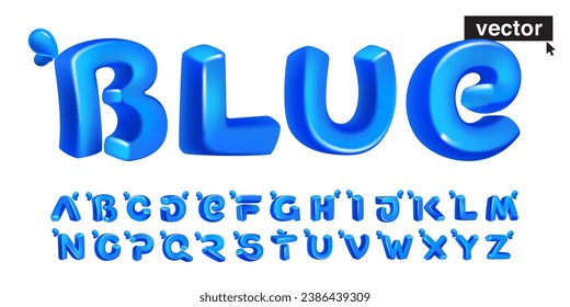 Alphabet set 3D render in cartoon cubic style made of blue clear water and dew drops. Eco-friendly vector illustration. Impossible isometric shapes. Perfect for nature banner, healthy filter labels.