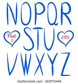 Alphabet. Set of acrylic textured letters. VectorABC. Editable template. Isolated elements. Bright blue. Freehand.