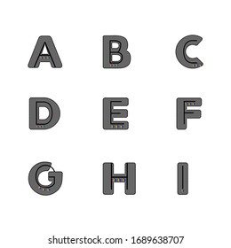 Conjunto de alfabetos. Letras abcdefghi grises en negrita. Caracteres de tipo de letra con bolas de arco iris colgantes y líneas de patrón. Fuente de ilustración vectorial para tarjetas de educación para niños banners etiquetas revistas y logotipo