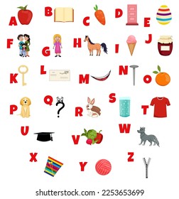 Alphabet-Set. Kindertablette zum Lernen von Lesen und Sprache in Bildern. Style cartoon.Isolated. Buchstaben von a bis z. Vektorgrafik