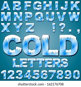 An Alphabet Set Of Cold Letters And Numbers With Snow And Ice